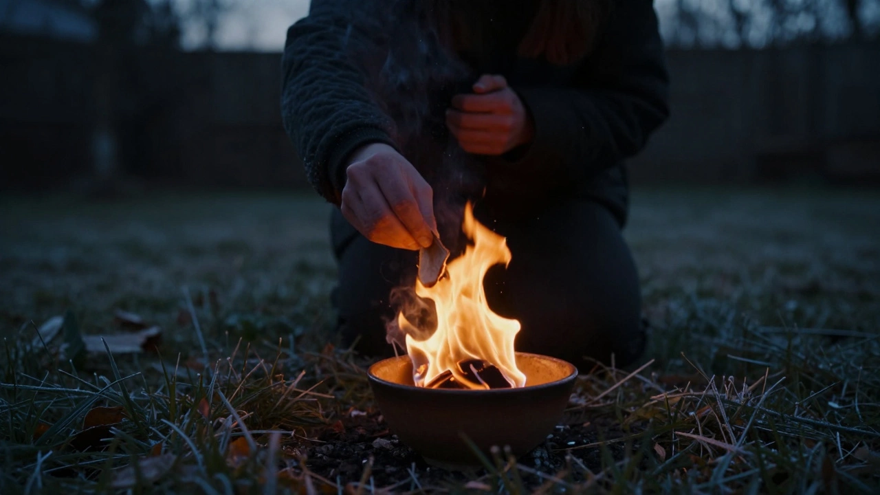 A hand releasing burning paper into a bowl at dusk, firelight illuminating a solitary figure in the backyard.