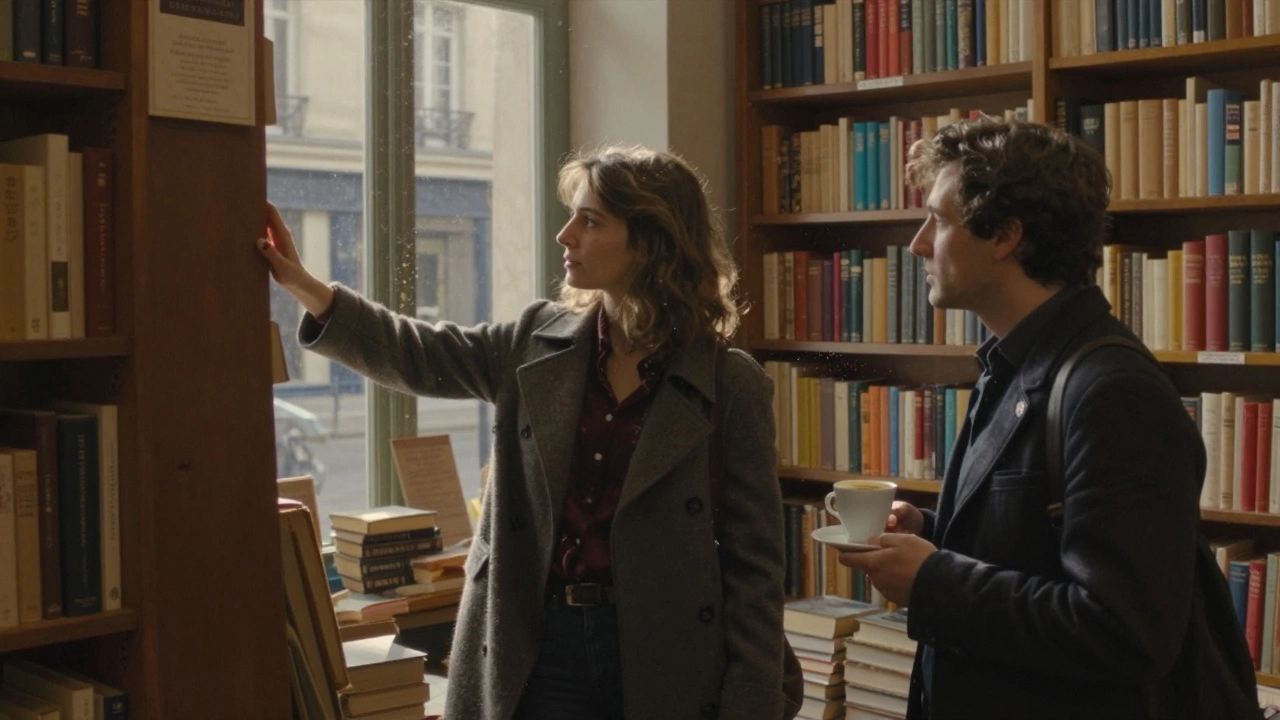 A woman shows poetry books to a man in a quiet Parisian bookstore, afternoon light filtering through tall windows.