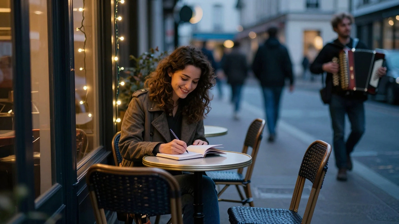A woman writes in a journal at a Montmartre café, an empty chair beside her under twinkling fairy lights.
